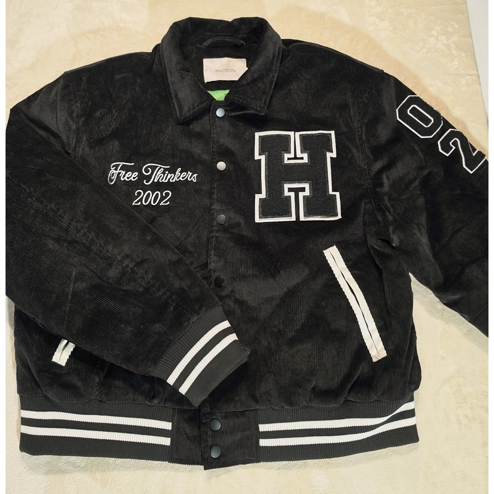 Hudson Corduroy Varsity Jacket XL Black Bomber‎ Letterman Free Thinker H Patch